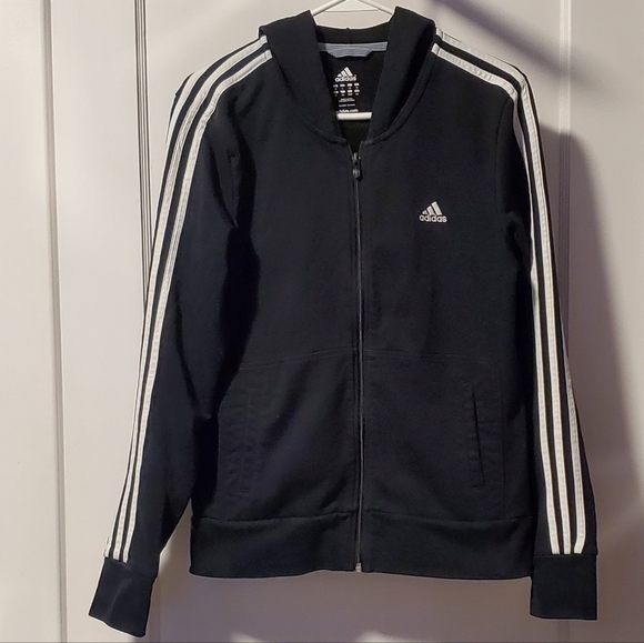 ADIDAS black full-zip hoodie Women's / Kids LARGE 3-stripe - Picture 1 of 4